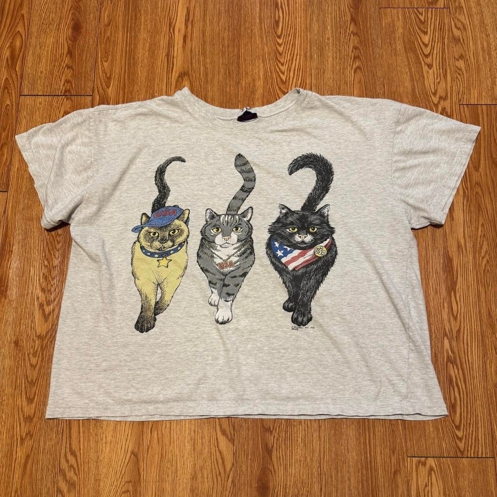 Vintage Cat Women's Shirt Art Americana Gray 90s Outfit Size OSFA